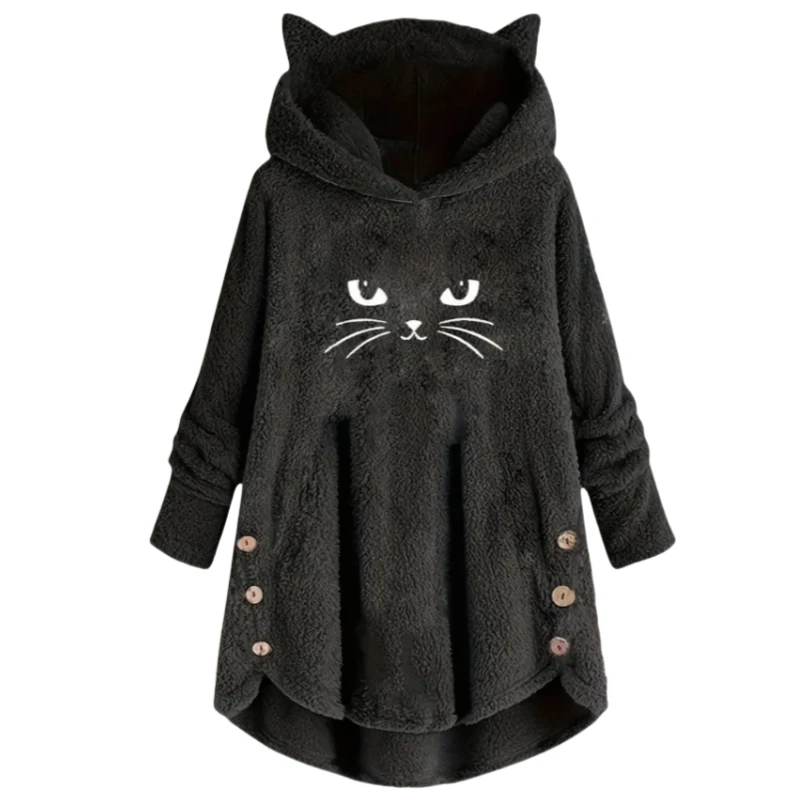 Otoño e Invierno de felpa con estampado de dibujos y letras de gato, jersey de manga larga con capucha, sudadera informal holgada de calle, Top cálido para mujer