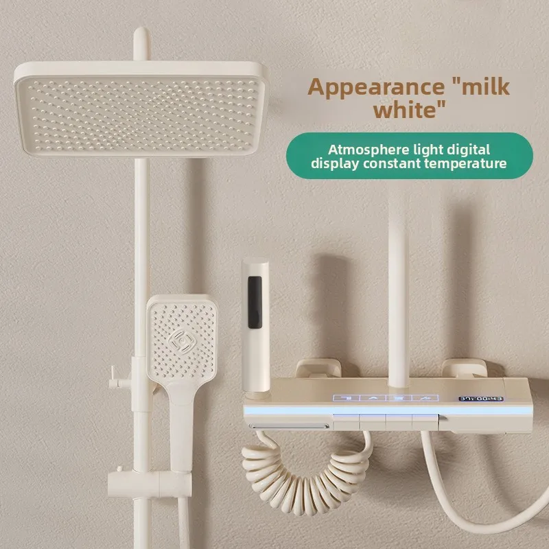 Ivory Ambient Light Brass Thermostatic Shower Set Digital Display Piano Key Showerhead Bathroom Shower Head and Handle Set
