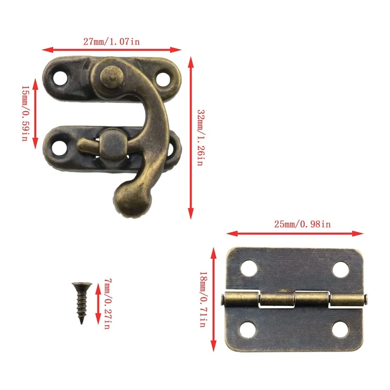 Small Box Hinges Bronze Antique Right Latch Hook Hasp With Hinges And Screws For Wood Jewelry Box Gift Catch Lock Hook