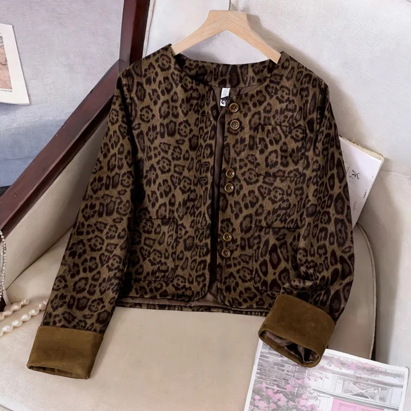 Retro Y2K Leopard Jacket Women Streetwear Long Sleeve O Neck Vintage Short Coat American Causal Harajuku Fall Winter Outwear Top
