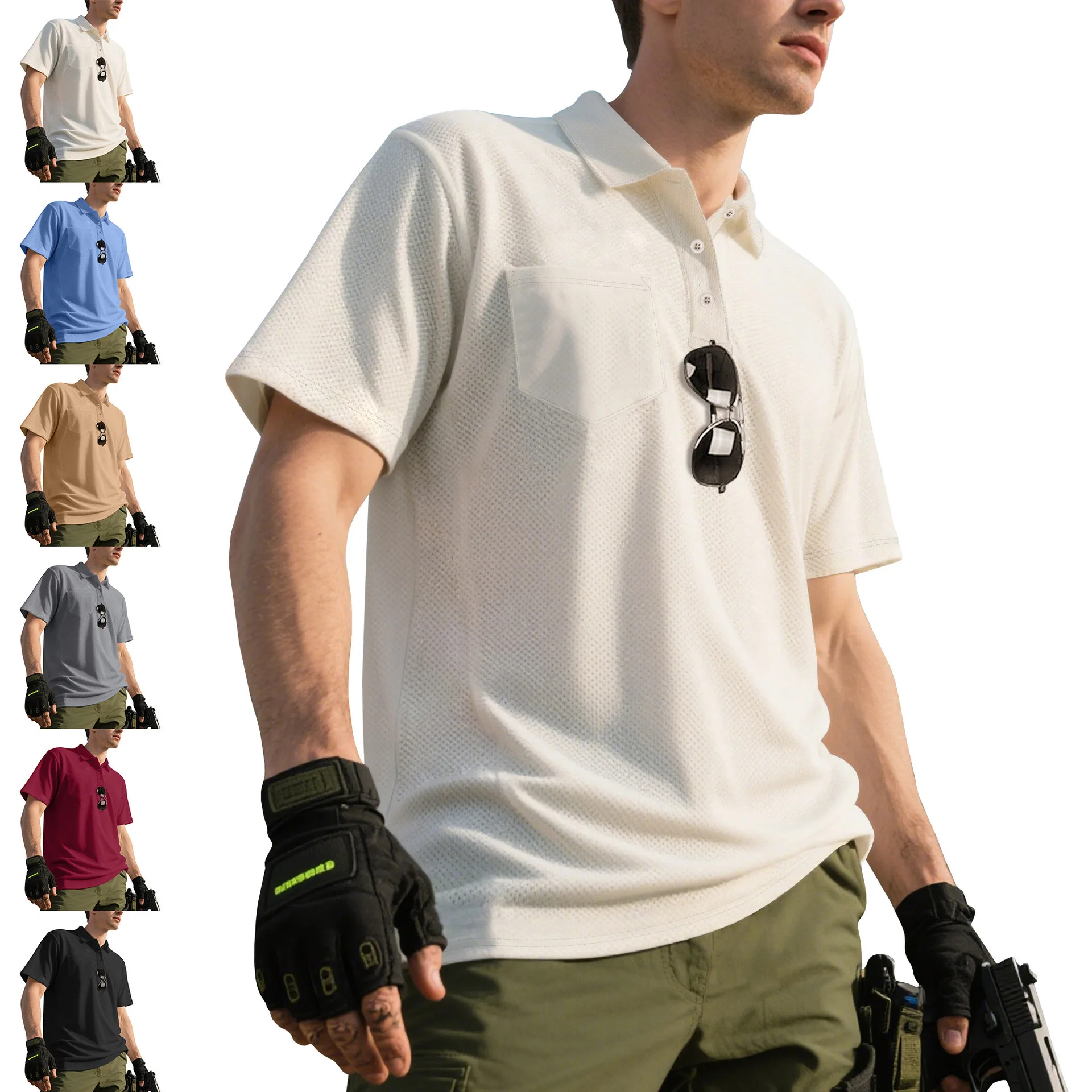 Men Outdoor Tactical Polo Shirt Short Sleeve Lapel Chest Pocket Mesh Breathable Quick‑Dry Casual Work Tee Tops