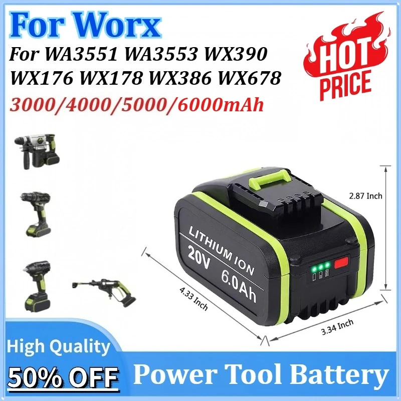 

20V 3.0Ah~6.0Ah Lithium Rechargeable Battery Replacement for Worx Power Tools WA3551 WA3553 WX390 WX176 WX178 WX386 WX678