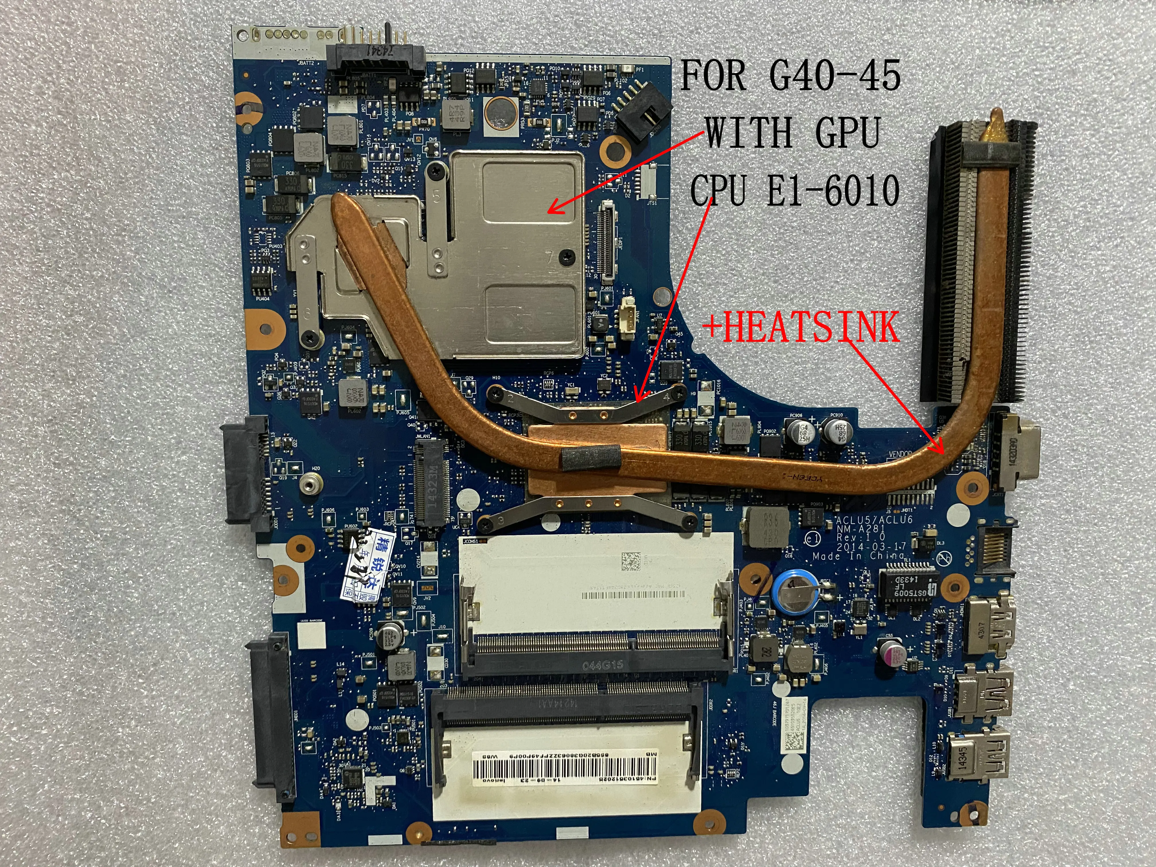 

STOCK 100% TESTED ACLU5 / ACLU6 NM-A281 LAPTOP MOTHERBOARD FOR LENOVO G40-45 MAINBOARD ONBOARD CPU E1 +GPU +HEATSINK