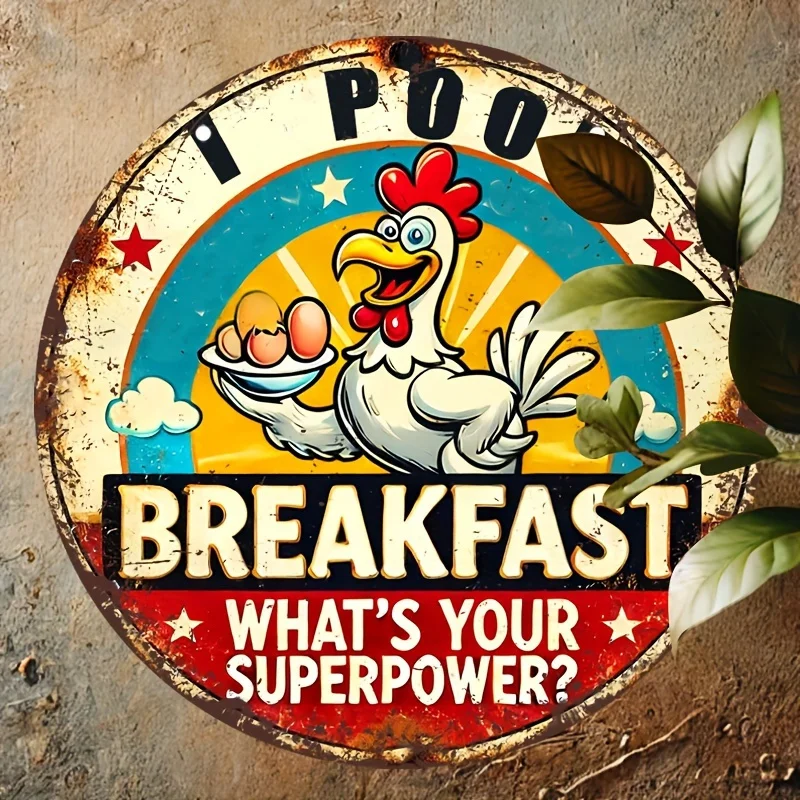قطعة واحدة من الديك المضحك "I Poop Breakfast، WhatYour Superpower؟" علامة فكاهة معدنية - ديكور حائط عتيق من الألومنيوم مقاس 8 × 8 بوصة لحظيرة الدجاج