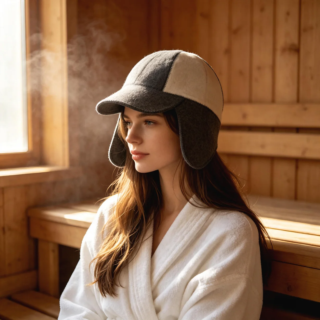 Grey White Spliced Ear Flap Wool Felt Sauna Hat Heat Insulated Russian Banya Cap SPA Steam Room Protective Headwear Unisex