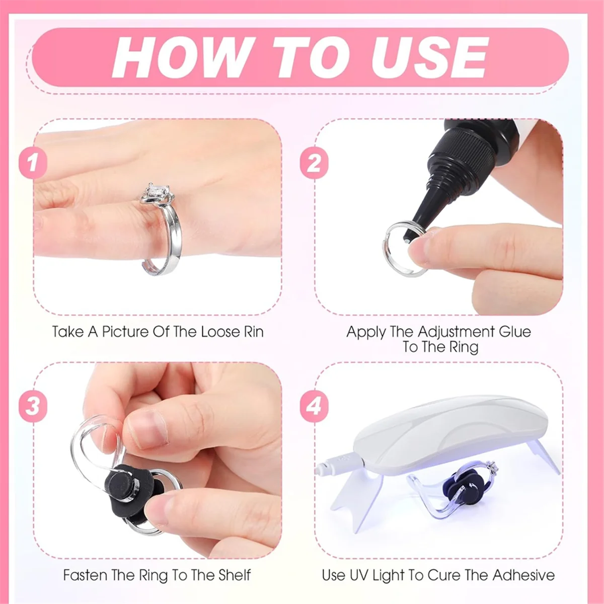 Glue with UV Light and Silicone Women Men Easy Application and Removal Ring Guards Fit Any Shape