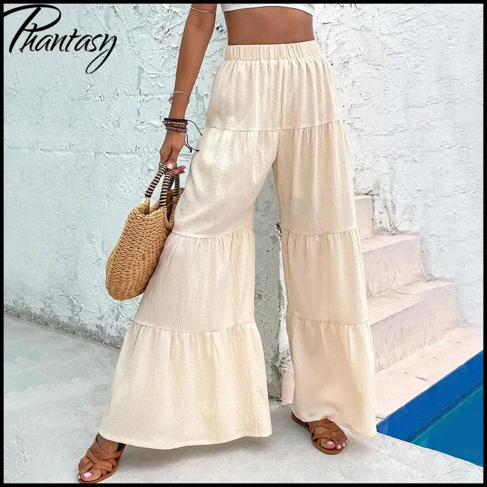 Versatile Commuter Wide-Leg Pants with Elastic Waistband, Patchwork and Pleated Design Casual Women's Summer Trousers Vacation