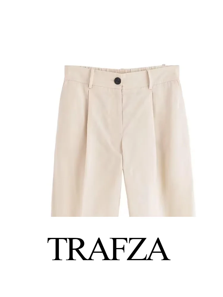 

TRAFZA Women Fashion Pants Suit Solid V-neck Short Sleeve Jacket Top+Chic Stretch Waist Pocket Pleated High Street Casual Pants