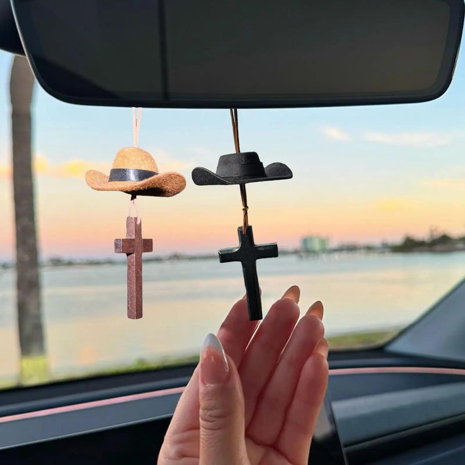 Rear View Mirror Charm Rustic Cowboy Hat Cross Ornament Retro Car Charm Rearview Mirror Accessories For Birthday Christmas Men