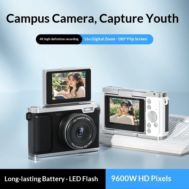 Digital Camera 4k Ultra Hd 9600w Pixel 16x Zoom 180 Flip Screen Retro Ccd Selfie Vlogging Camera For Beginners Campus Use
