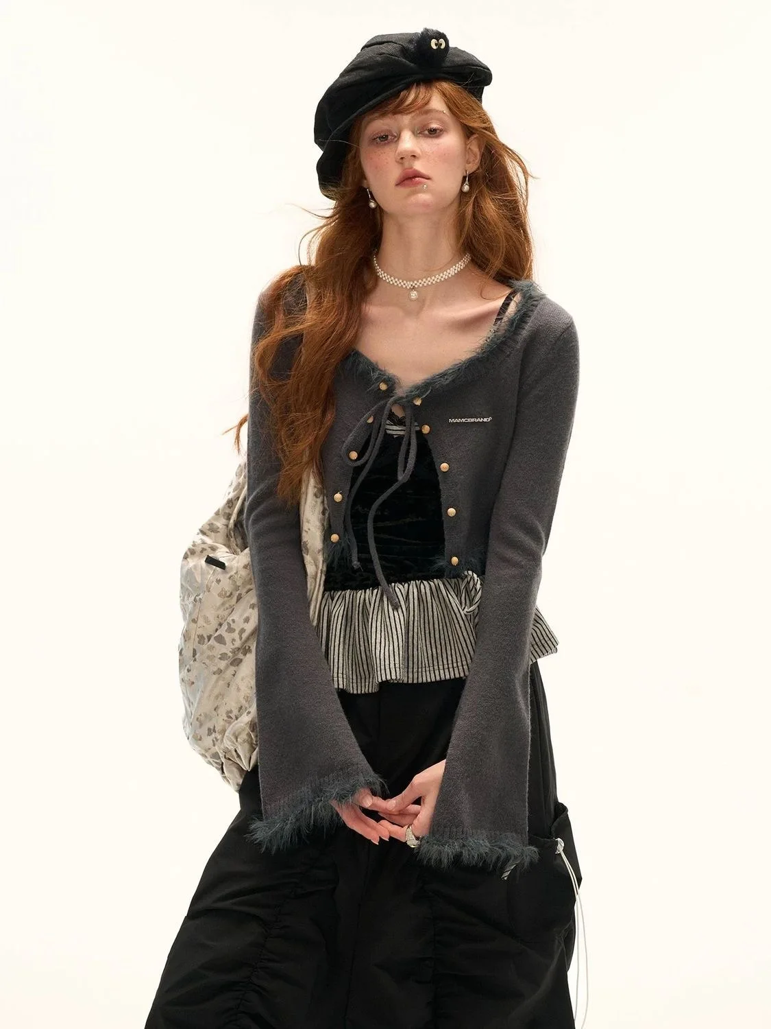 Real Shot Zweiteiliges Damen-Set mit quadratischem Ausschnitt und Strickjacke zum Binden + gefälschtem zweiteiligem gestreiftem Rüschen-Cami-Oberteil mit langen Ärmeln