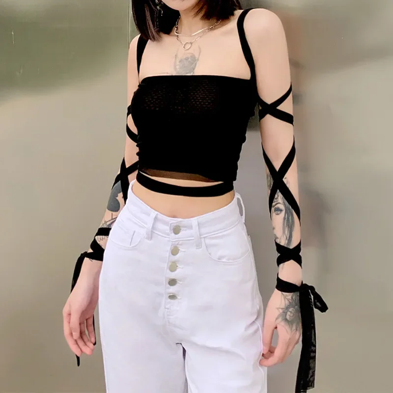 New Fashion Women Black Mesh Lace Up Bandage Crop Top Fairy Grunge Aesthetic Clothes Cyber Y2k Mall Goth Tanks Sexy Clothing