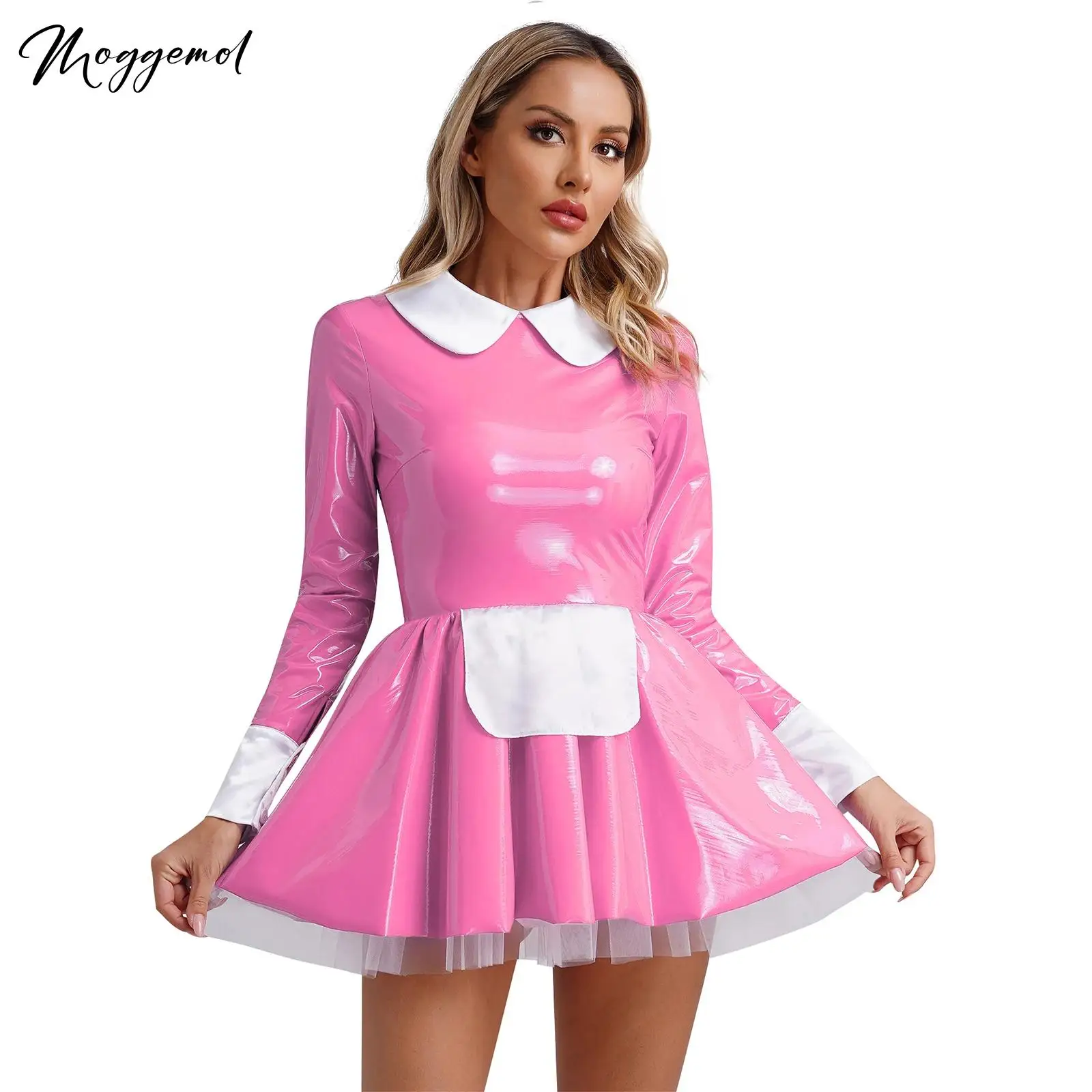 Womens Maid Cosplay Latex Dress Lolita Costume Long Sleeves Satin Apron A-Line Maidservant Waitress Dress for Halloweendress Up