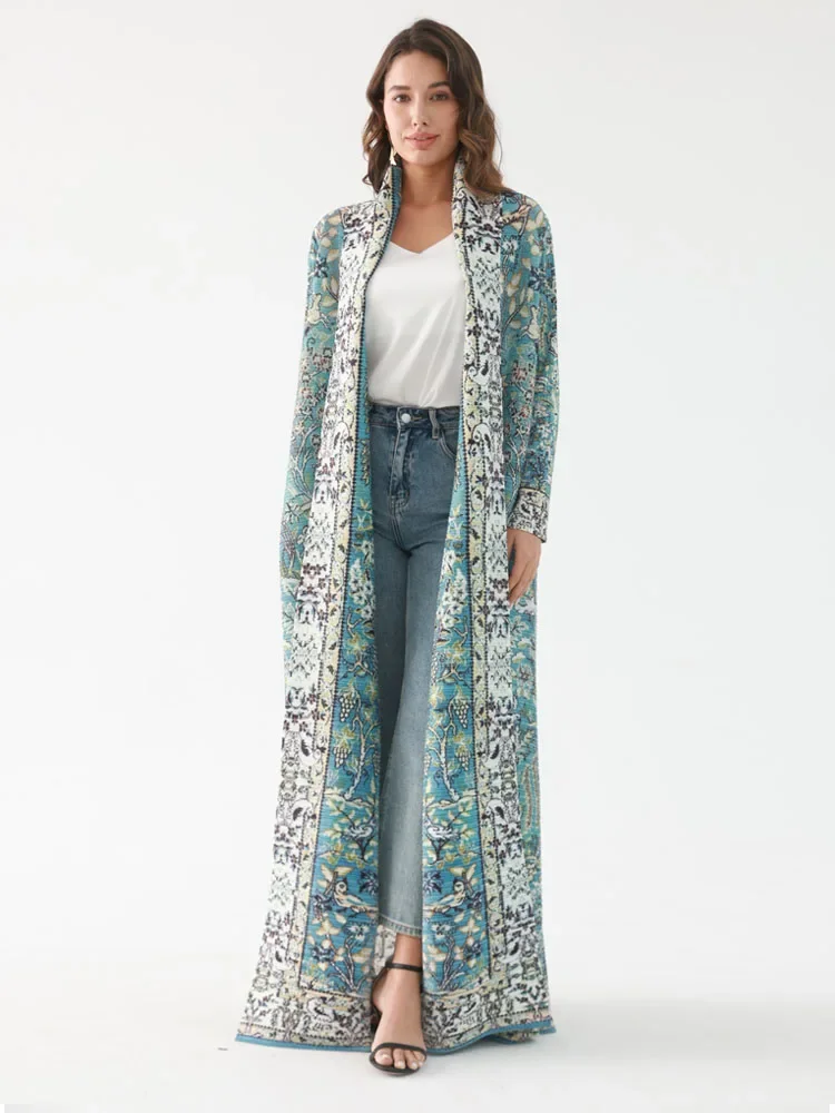 

Miyake Pleated Abaya Turndown Collar Long Sleeve Plus Size Long Coats Women Spring Designer Printed Abaya Fashion Cardigan Dress