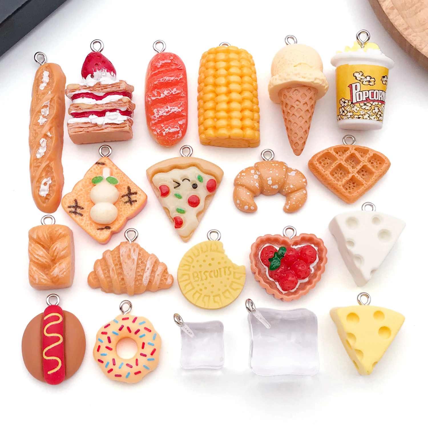 Amuletos de comida realistas, miniaturas de cubitos de hielo de pastel de hamburguesa de palomitas de maíz de resina de 5/20 piezas para manualidades DIY de estilo japonés y decoración de pegamento en crema.