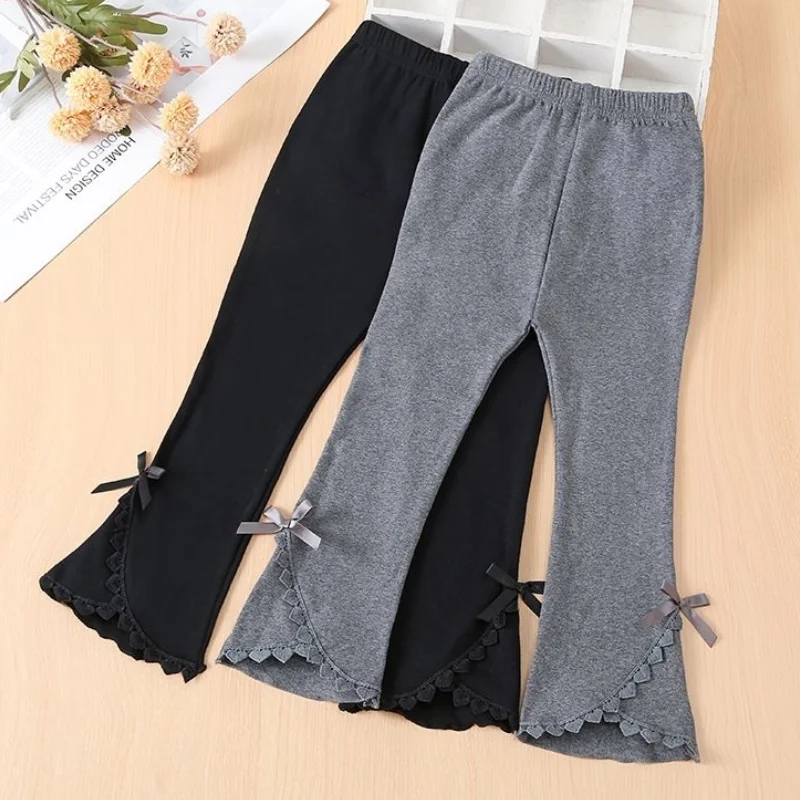 Spring and Autumn New Girl's Bow Solid Color Flare Pants Leisure Fashion Party Walk Show Lace Elastic Waist Pants