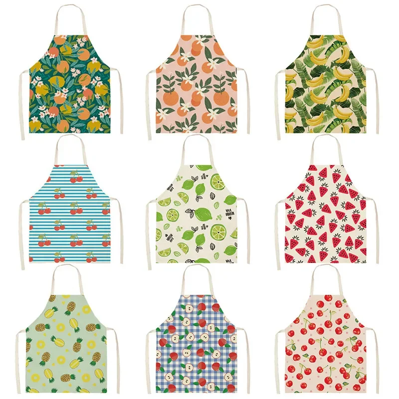 Fruit Cotton Linen Apron Cherry Orange Lemon Printed Kitchen Women Baking Waist Bib Home Cooking Sleeveless Pinafore Delantal