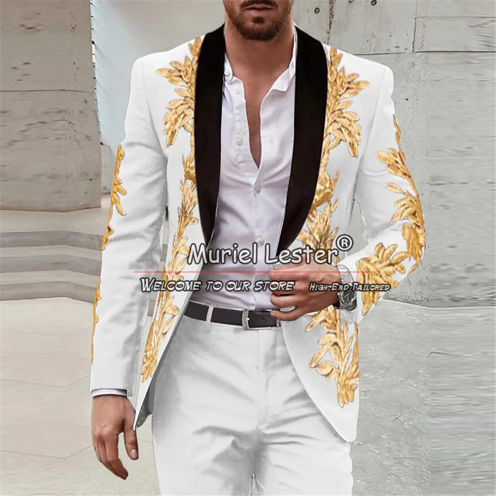 Red Suit Men With Gold Sequin Appliques Jacket Pants 2 Pieces Groom Wedding Tuxedos Plus Size Black Shawl Lapel Prom Blazer 2024