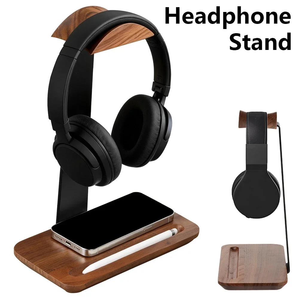 Universal Wood Headphone Stand with Storage Base Non Slip Table Headset Holder Decorative Desktop Vertical Headset Storage Rack