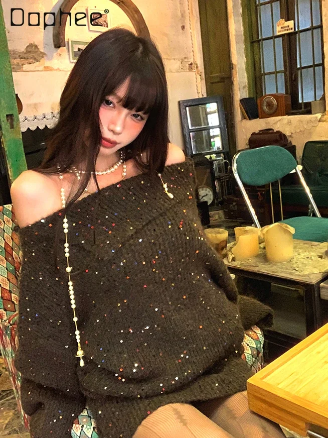 

Vintage Spice Girl Off Shoulder Loose Knitted Pullover High Waist Mini Skirt Two-piece Set Temperament Street Sweater Suit Women