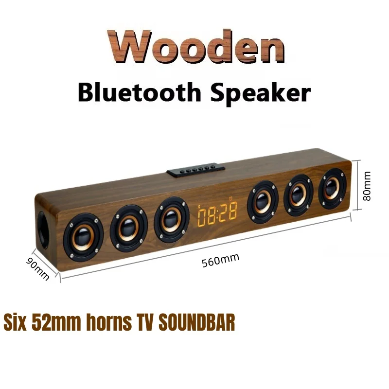 

Wooden Home Theater with Time Display 6 Speakers Music Center Portable Audience Bluetooth Speaker Wireless TV Soundbar Echo Wall