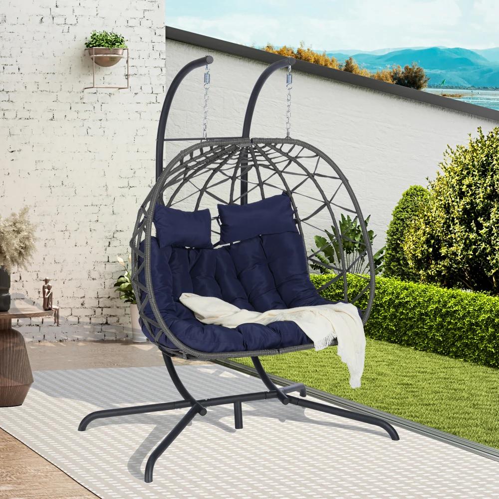 

Double Egg Chair With Stand Hanging Indoor Outdoor Wicker Rattan Patio Basket Egg Swing Chair Hammock Egg Chairs With UV Resista