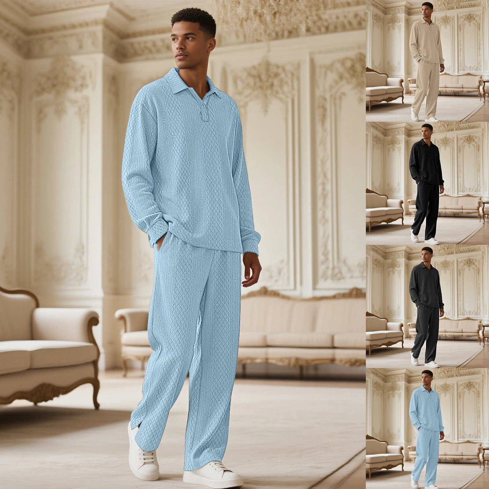 الصلبة اللون محكم عادية الياقة البلوز طويلة الأكمام بلوزات وسراويل الرياضة مجموعة الرجال الخريف والشتاء الدافئة طباعة فضفاضة #1