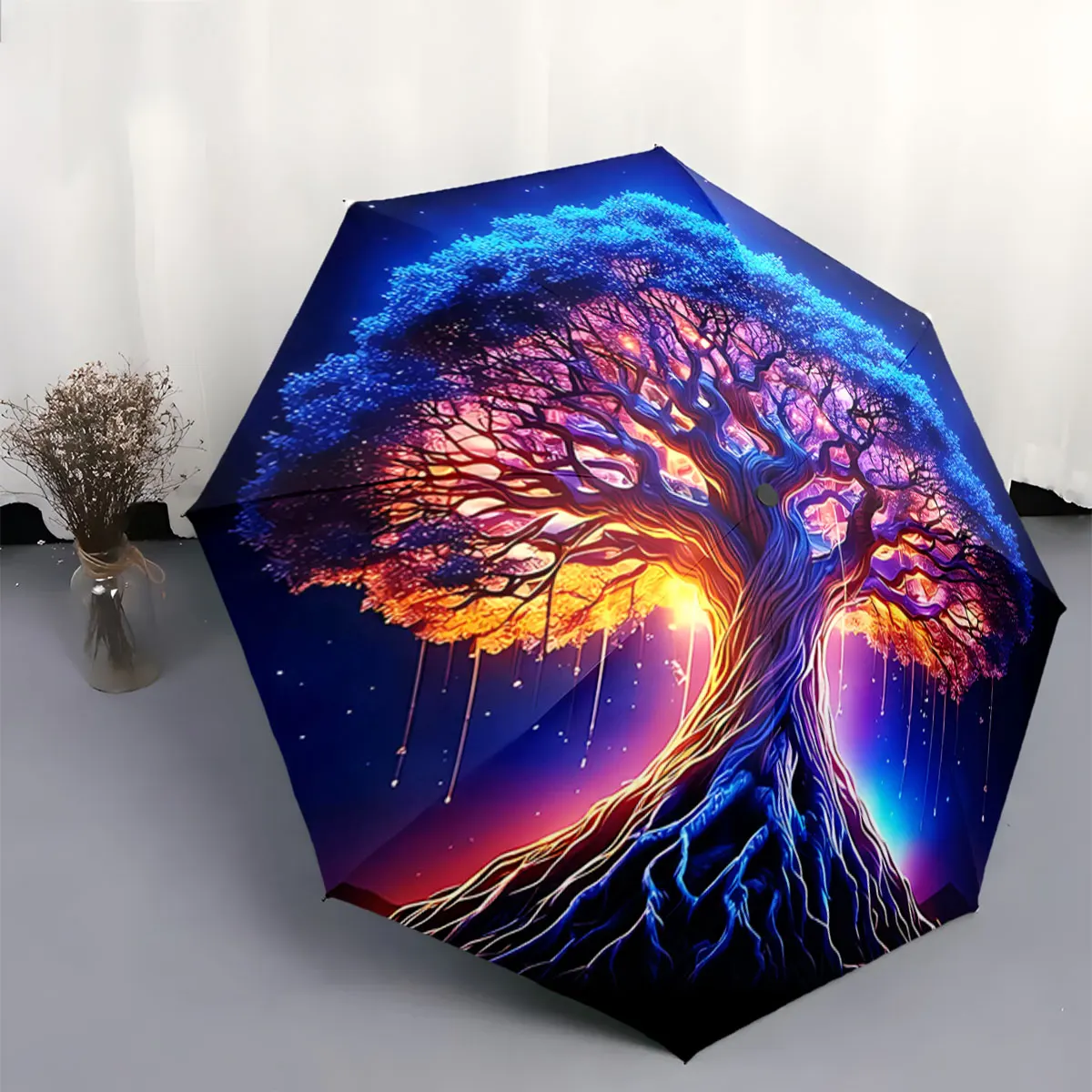 Mystical Glow Tree Design Umbrella Vibrant Night Sky portable waterproof sun rain umbrella for outdoor travel beach