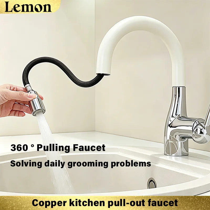 Brushed silver splash proof rotatable kitchen faucet, balcony island pull-out hot and cold dual-purpose pressurized faucet