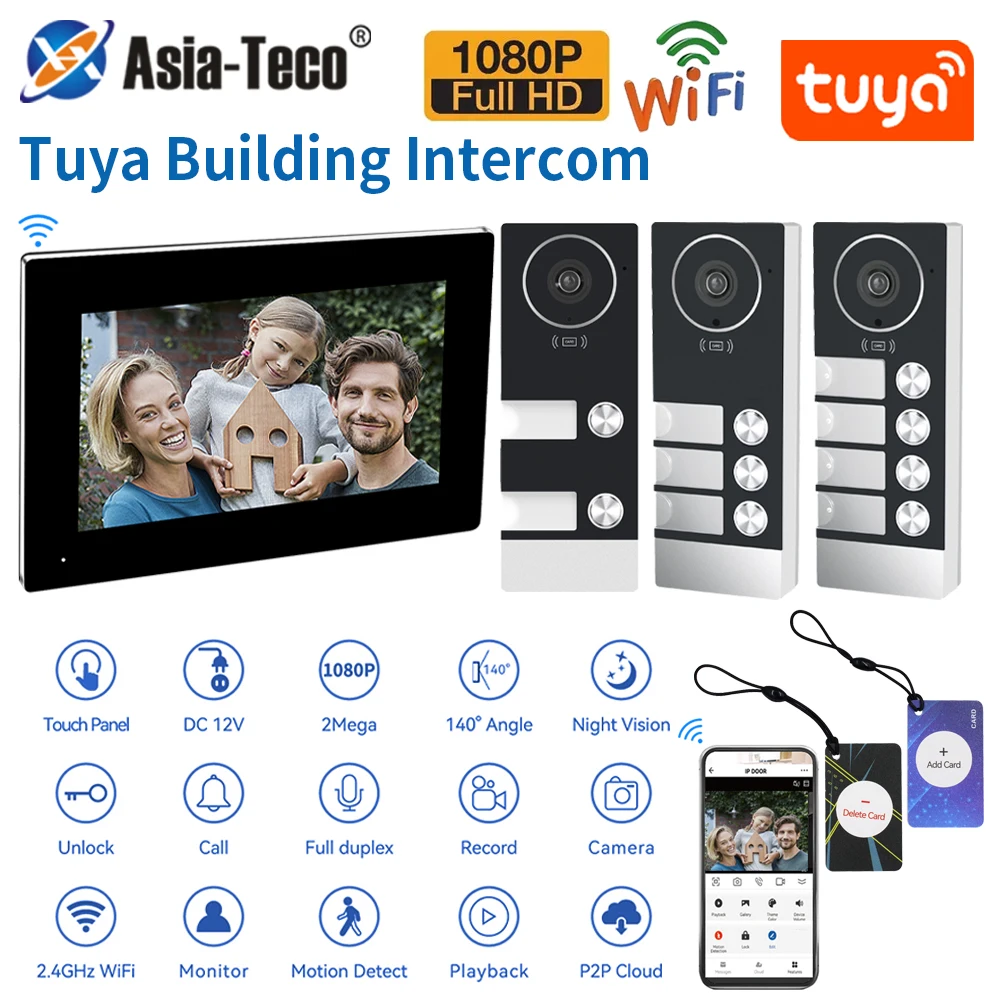 TUYA WiFi Video Doorphone Building Intercom Kits 2/3/4 Multi-family Doorbell 7/10Inch 1080P Touch Screen Monitor APP/Card Unlock