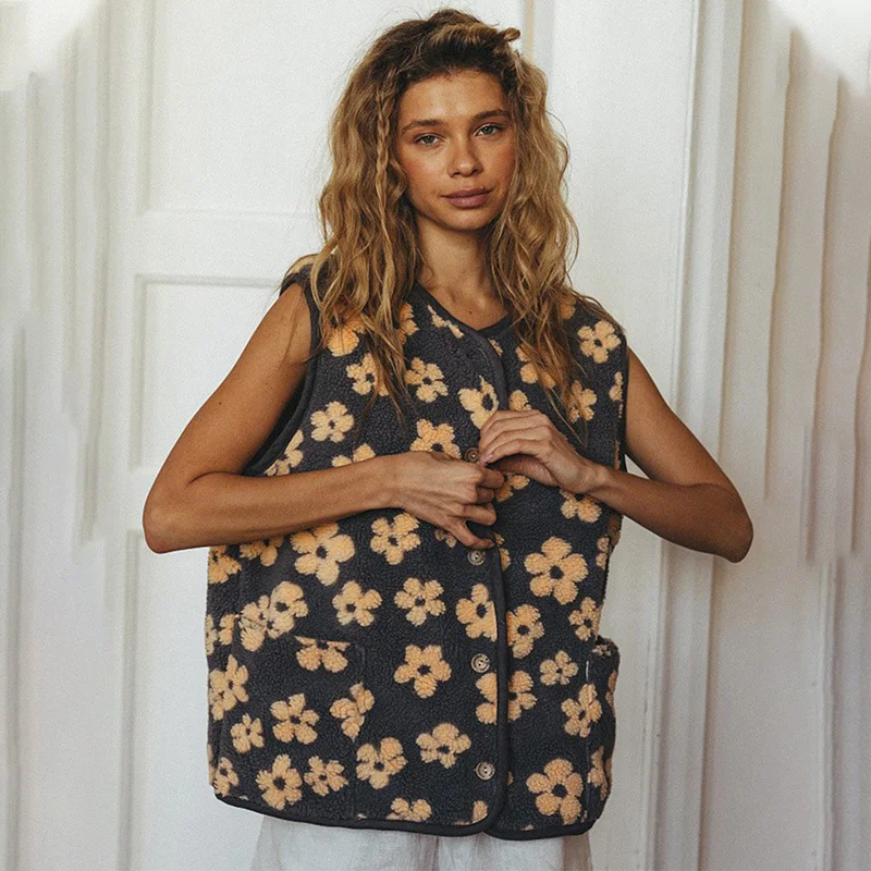 

TARUXY флисовый жилет с принтом, женский жилет с круглым вырезом и пуговицами, свободный теплый жилет без рукавов с цветами и карманами, осень-зима, женское пальто