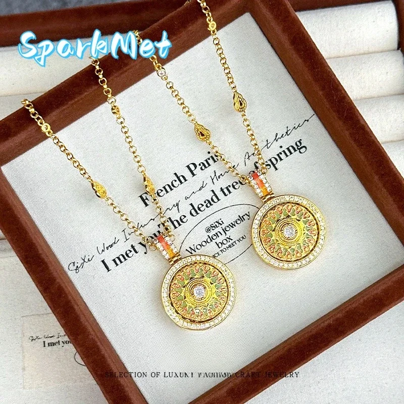 

Золотое ожерелье Sparkmet Guose Tianxiang 9999 24K для женщин с рубином, эмалью и микроинкрустацией, вращающийся компас-подвеска на цепочке