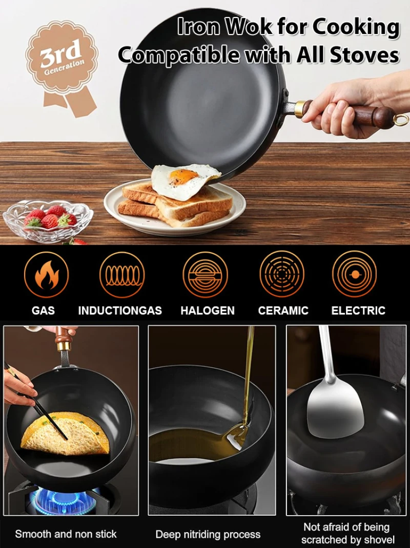 24/26cm Multifunction Frying Pan Rustproof Nonstick Frying Uncoated Pot with Big Belly with Wood/Glass Lid Gas Induction Cooker