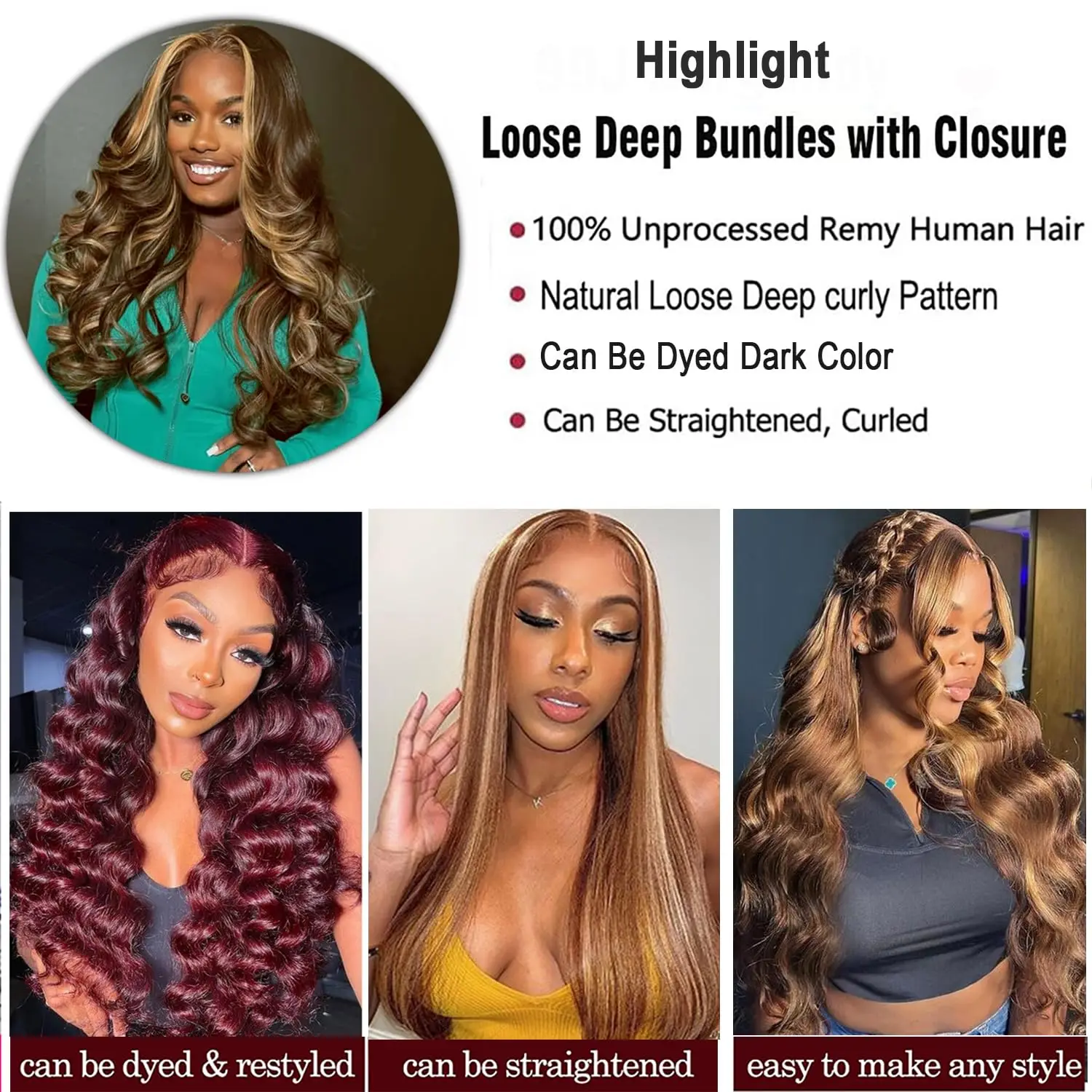 Bundel Rambut Manusia Ombre dengan Penutup Bundel Gelombang Dalam Longgar 4X4 HD Penutup Renda 22 24 26 + 18 Inci Sorot Coklat Pakan Ganda