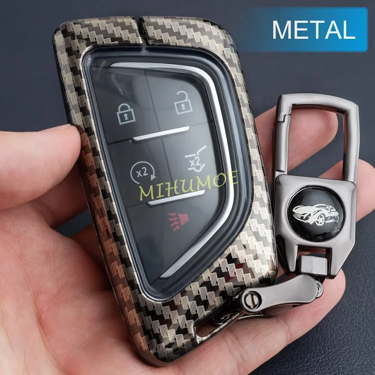 For Cadillac CT4 CT5 XT4 Lyriq Metal Car Key Fob Cover Case Ring Chain Keychain Carbon Fiber Accessories