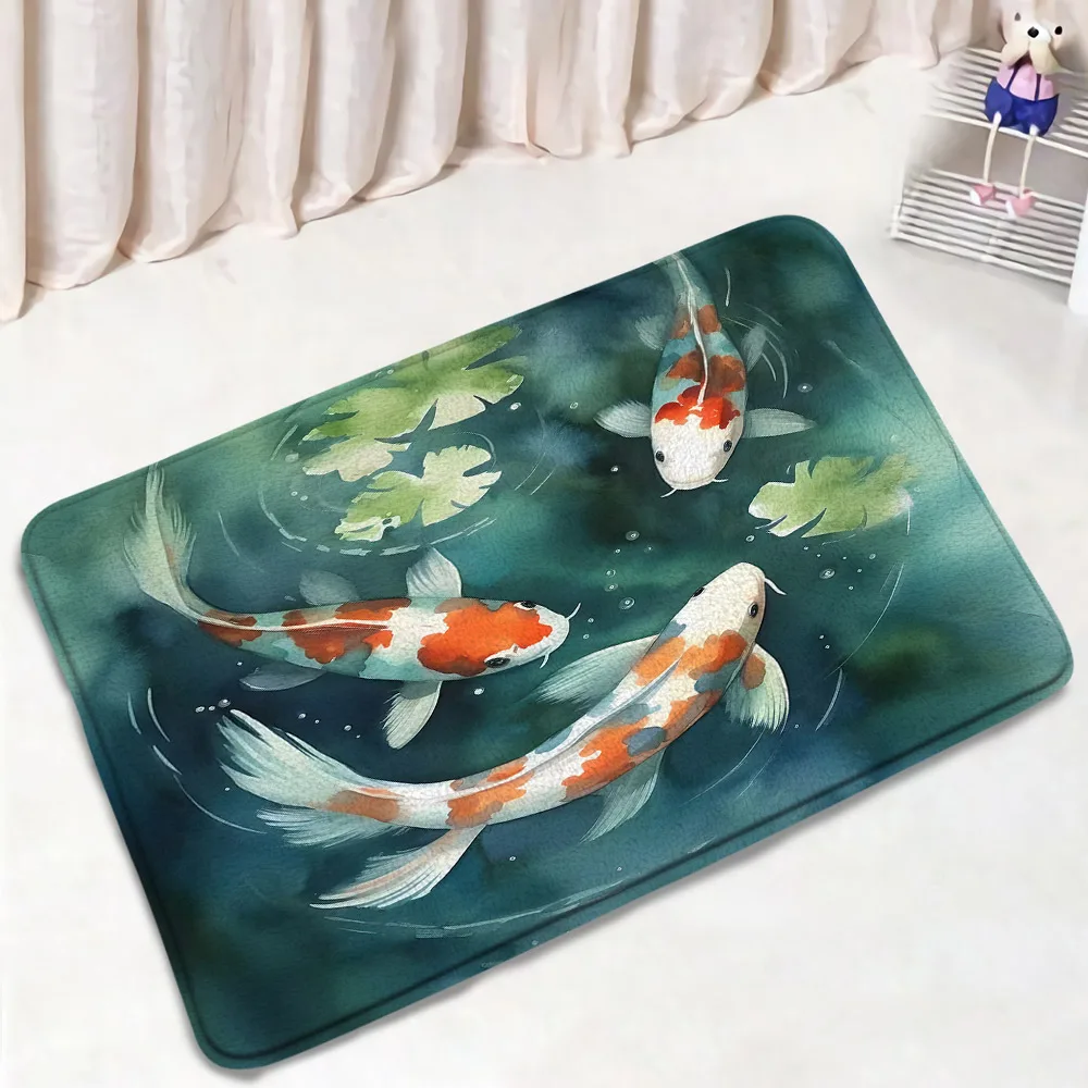 Japanese Style Bath Mats Koi Fish Octopus Cherry Blossom Sea Waves Ink Art Landscape Home Doormat Carpet Bathroom Decor Bath Rug