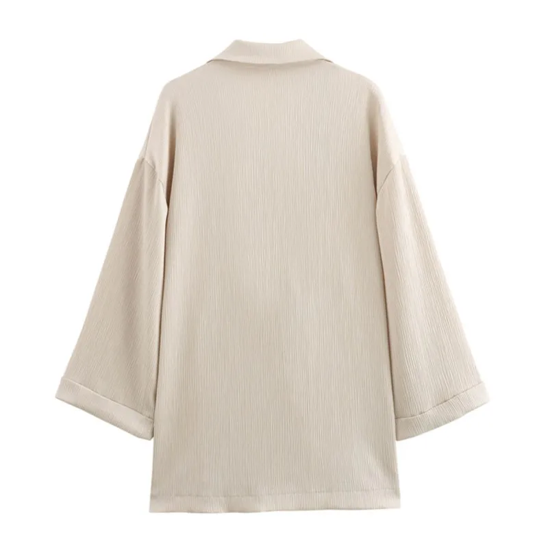 Women Urban Fashion Double Buttons Blazer Coat Spring Autumn Shiny Beige Lapel Wrinkle Vision Jacket + High Waist Wide Leg Pant