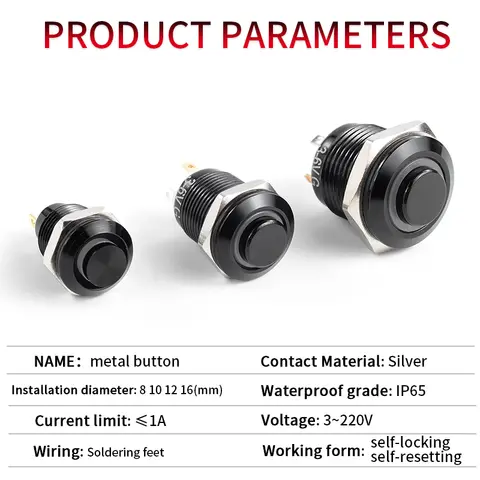 1NO Hög tryckhöjd Vattentät metalltryckbrytare LED-ljus Självlåsande/återställning 3/6/12/24/220V 8/10/12/16mm Oxiderad svart 10 best sales knapplampa - №7