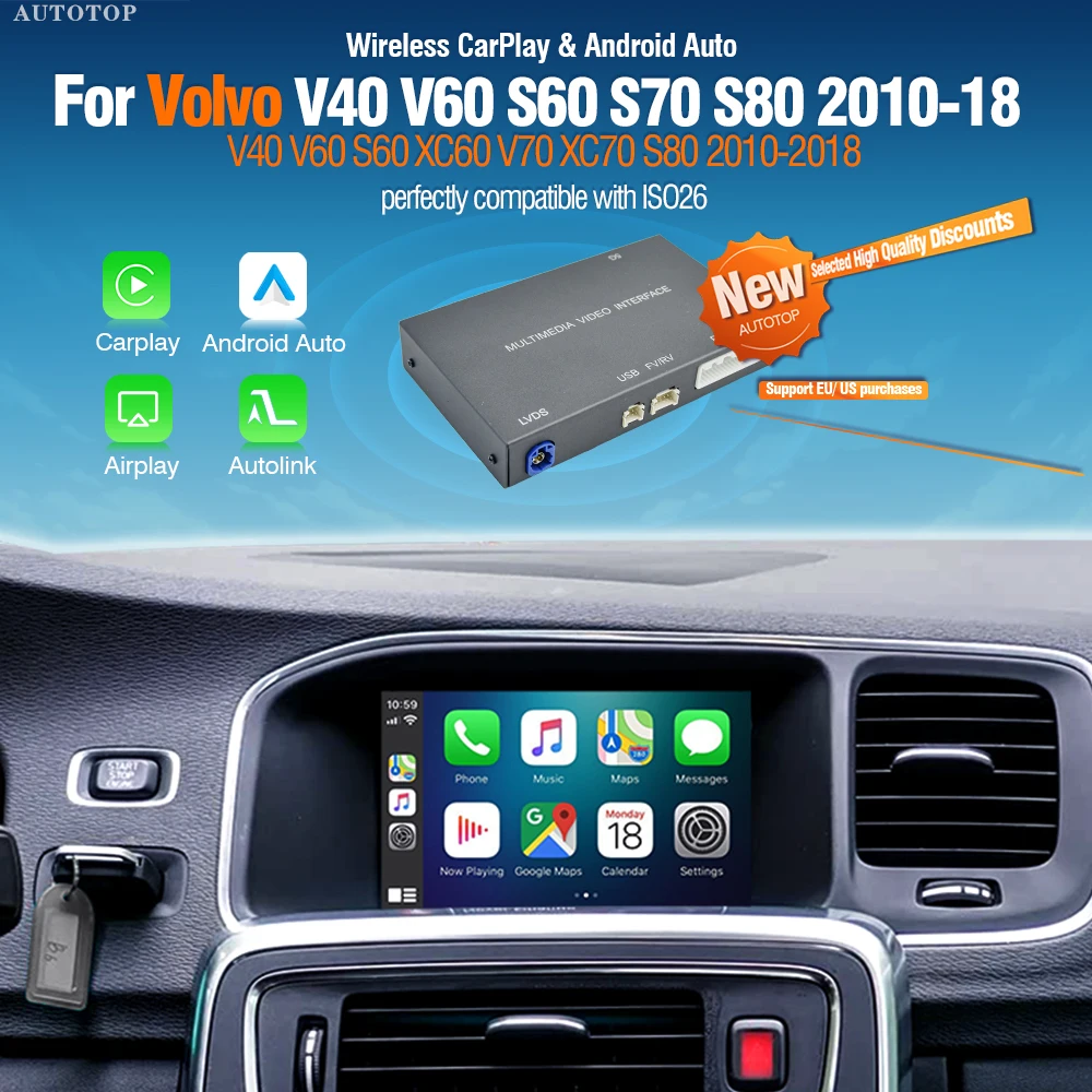 AUTOTOP Module de mise à niveau sans fil CarPlay Android Auto pour Volvo S60 S80 XC60 V60 V40 2010-2018 avec Mirror Link GPS Aux