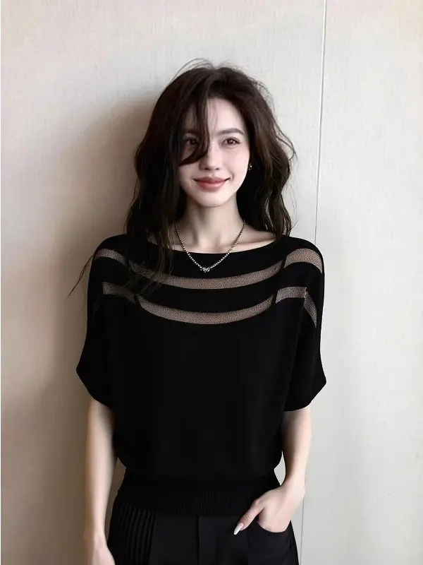 Women's Summer Loose Knitted Short Sleeve Mesh Top Transparent Thin Design Sense Splice T-shirt plus Size Slimming Upper Body