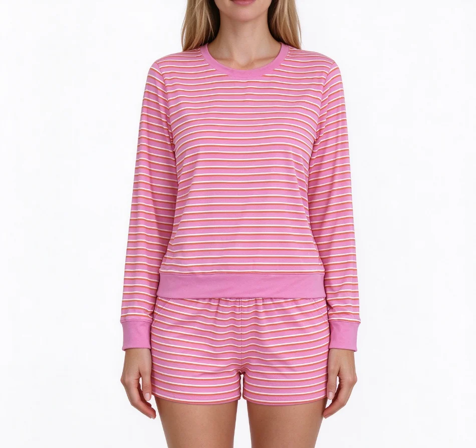 Wholesale Adult Woman Long Sleeves Stripes Pullover Shirt Set Pockets Shorts Outfit Women Girls Yoga Active Clothing