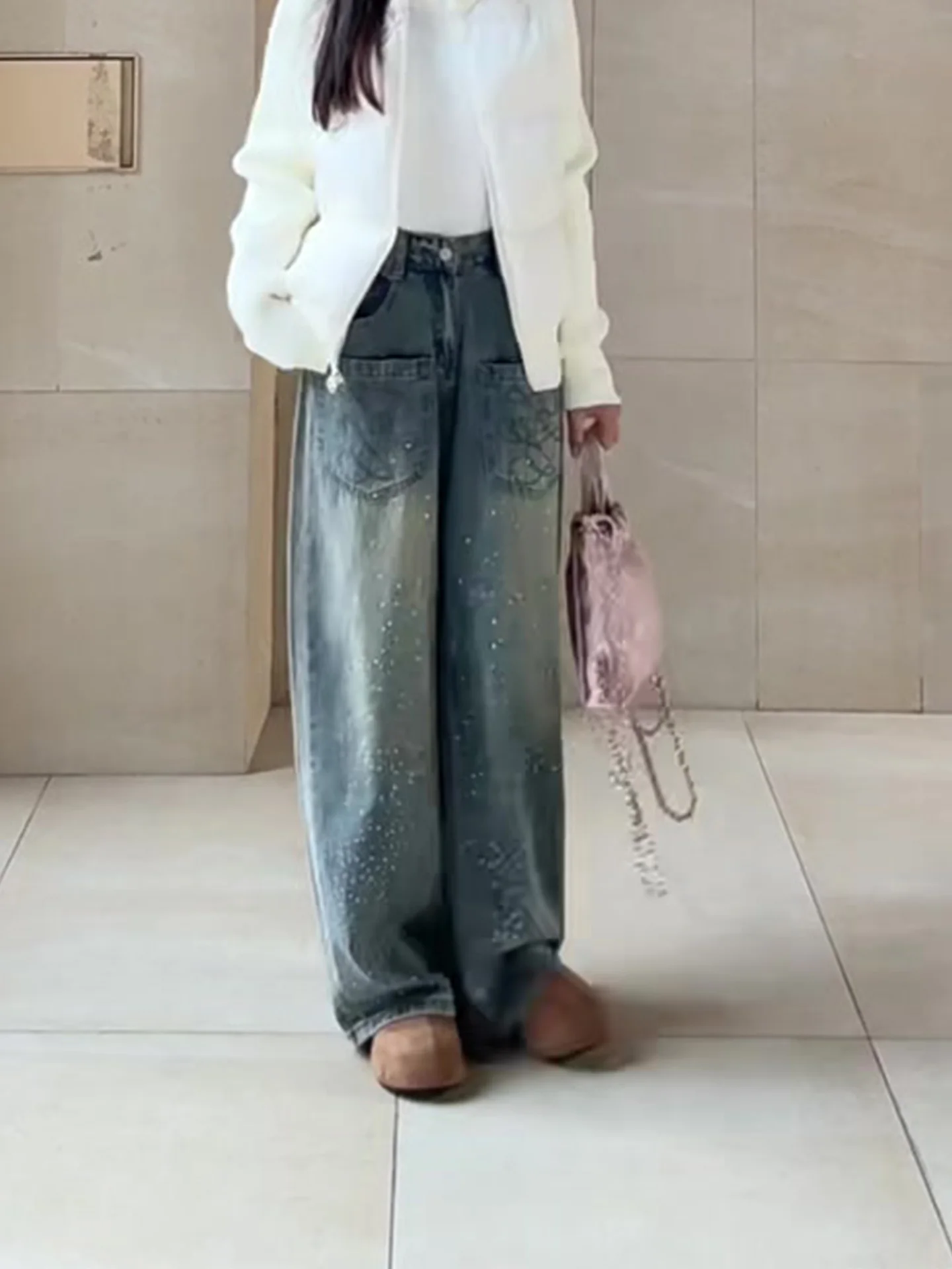 

Ретро-джинсы с вышивкой и стразами, широкие брюки прямого кроя для женщин, весенняя новинка, высокая талия, американский стиль...