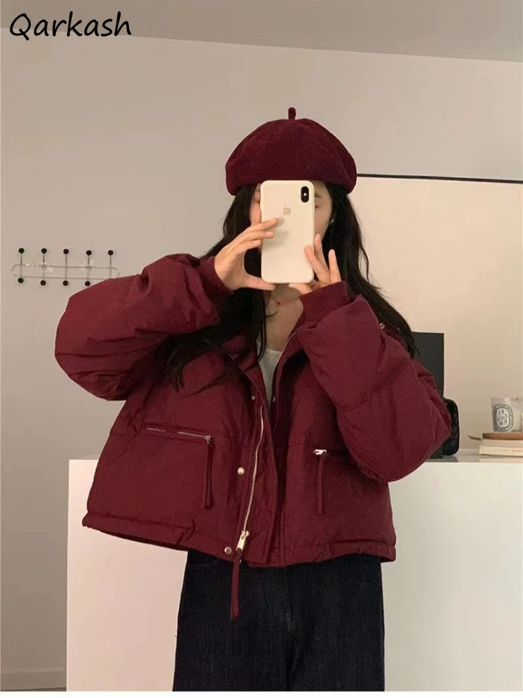 Chic zíperes sólido curto parkas moda feminina solto lazer simples turn-down colarinho casacos de inverno meninas all-match jovem bestie bf