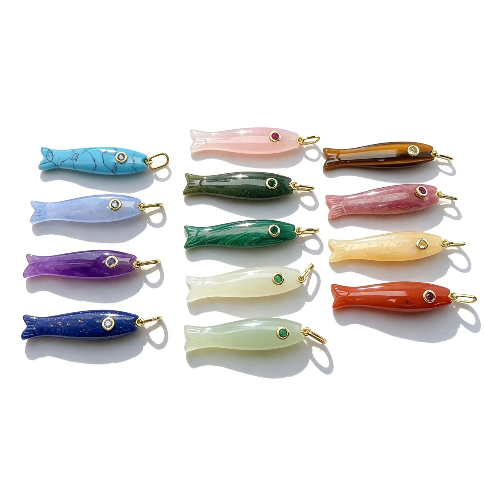 1Pc Natural Gemstone Fish Pendants 18K Gold Plated Brass Ocean Animal Shape Stone Charms for DIY Necklace Earring Jewelry Making