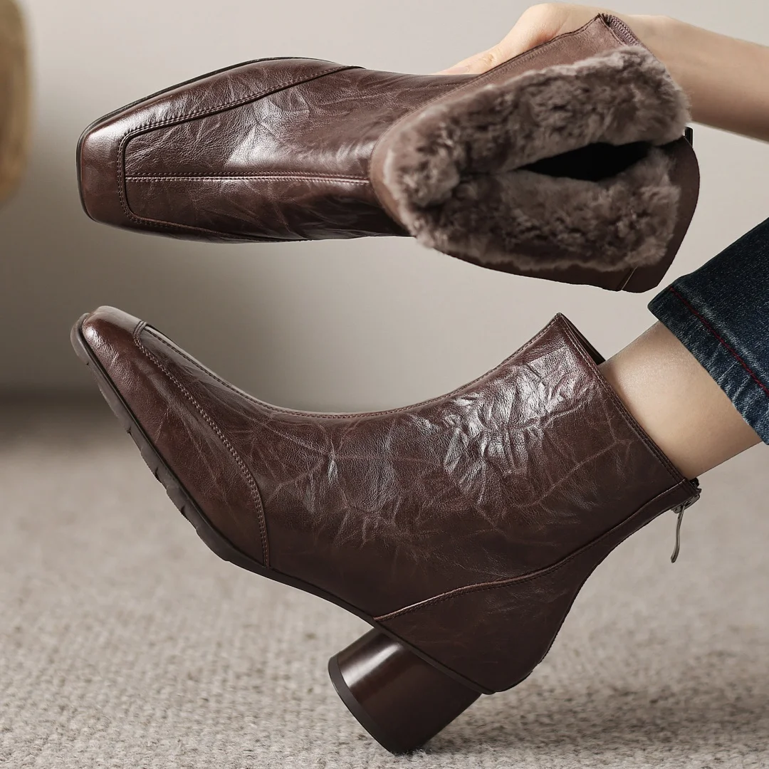 

Women's genuine leather square toe back zip wool inside winter ankle snow boots 5cm round med heel elegant ladies short booties