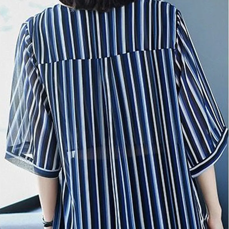 Office Lady Striped Loose Chiffon Blouse Half Sleeve Female Clothing Fashion Patchwork 2023 Summer New Casual V-Neck Midi Shirt