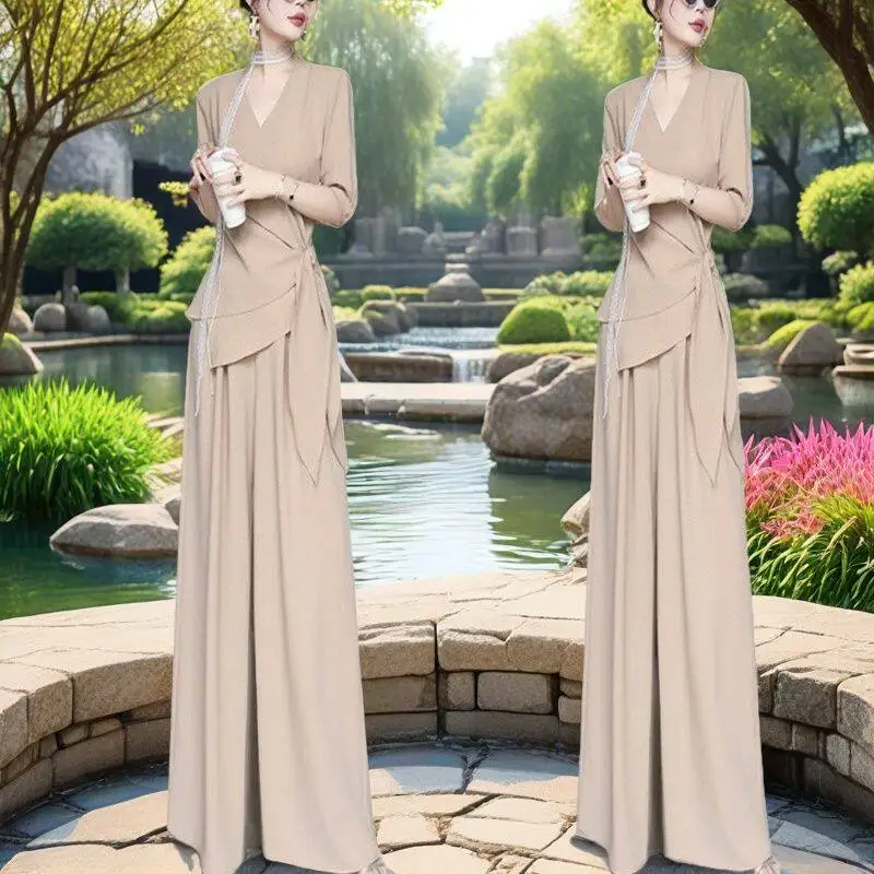 Fashion Suit Women's Spring and Summer New Korean Version Irregular Top Casual Wide Leg Pants Two-piece Set