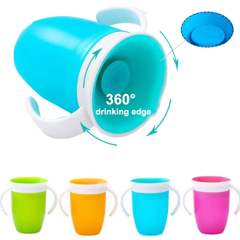 Rotatable 360 Trainer Sippy Cup with Handles 240ml Flip Lid Spill Proof Baby Leadning Drinking Cup Silicone Toddler Water Cups