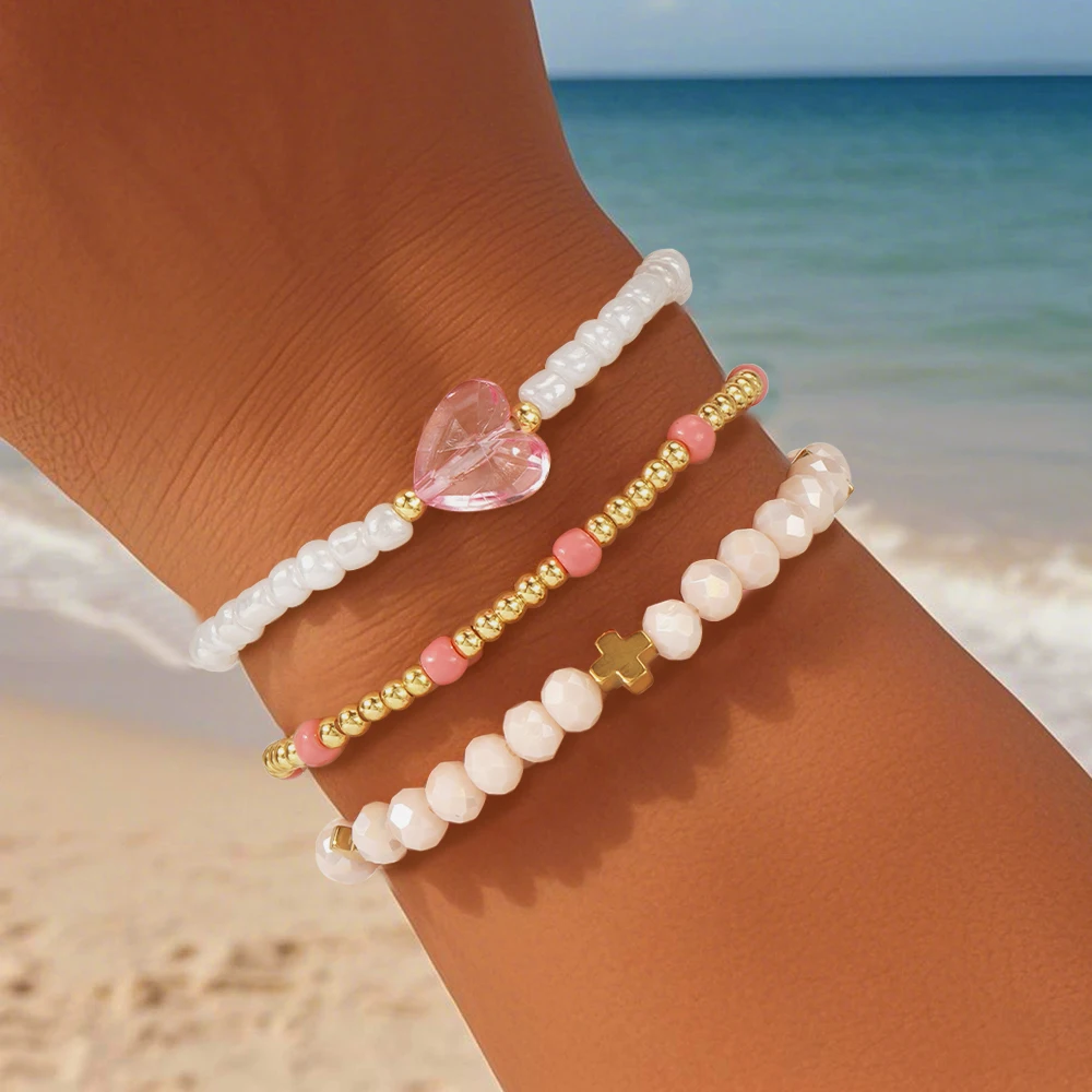 

Go2boho 3pcs Handmade Beaded Bracelet Set for Women Gold Plated Heart Cross Charm Stackable Jewelry Gift Fashion Boho Style