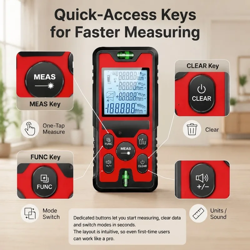 120M Laser Distance Meter USB‑C Rechargeable Laser Rangefinder Backlit LCD Bubble Level Digital Measuring Tool for Construction